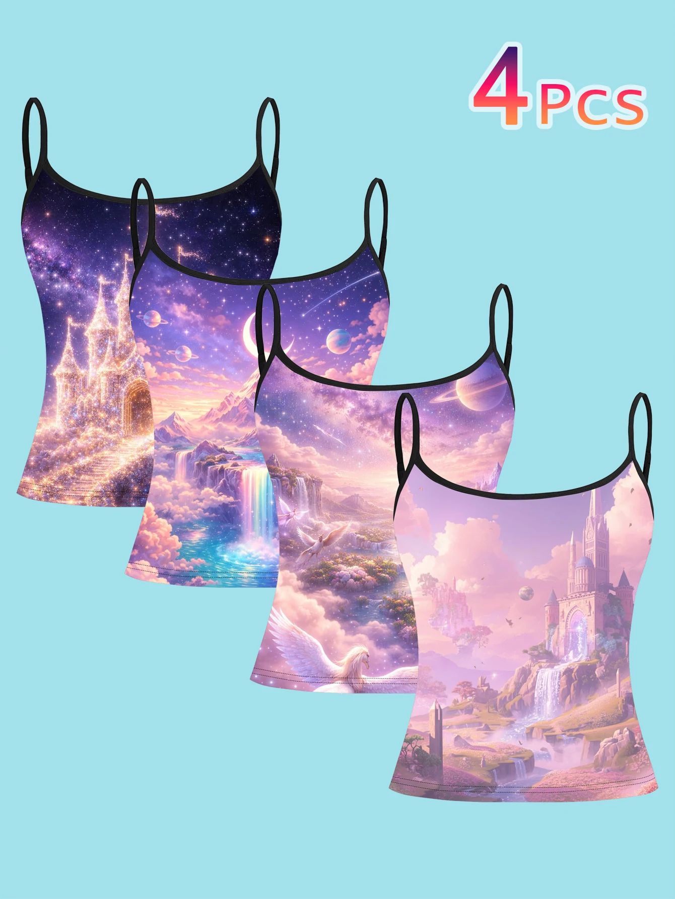 4-Piece Set of Pegasus Cosmic Wonderland Suspenders Set, Planet Waterfall Cloud Castle Women's Base Layer Tank Top