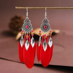 Bohemian Long Round Drop Oil Feather Earrings for Women Ethnic Vintage Bead Metal Leaf Tassel Earring Pendientes Mujer Brincos