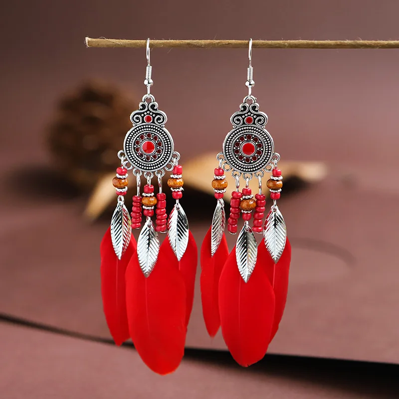 Bohemian Long Round Drop Oil Feather Earrings for Women Ethnic Vintage Bead Metal Leaf Tassel Earring Pendientes Mujer Brincos