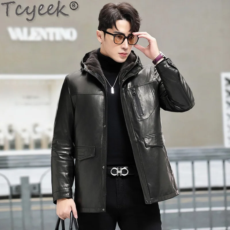 Tcyeek Natural Goatskin Coat Men Fashion Real Fur Jacket Mid-length Hooded Coats Warm Mink Fur Liner Jackets Man Clothes Winter