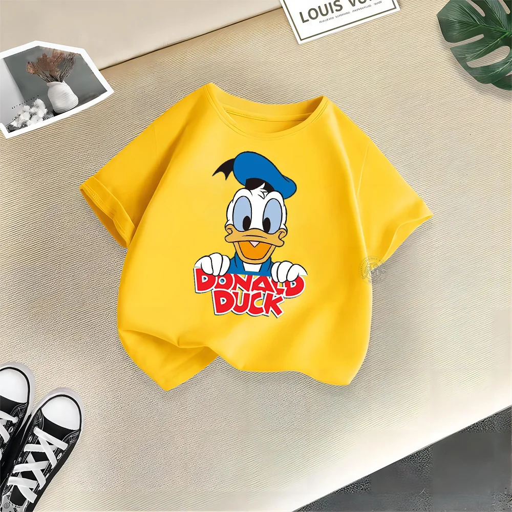 Disney Summer Teen 100% Cotton T-shirt Donald Duck Print Boys Girls Casual Top Cotton T-shirt Kids Comfortable Jumper T-shirt