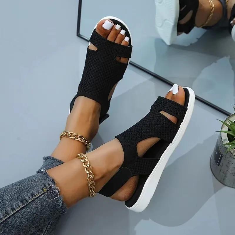 2024 New Summer Women Sandals Sexy Crystal Woman Flats Buckle Strap LadiesFashion Beach Shoe Big Size Sandalias De Mujer