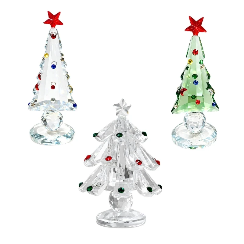 Bunte Kristall-Weihnachtsbaumfigur mit fünfzackigem Stern, facettierter Oberfläche und runder Basis für die Regalpräsentation – Detail 1