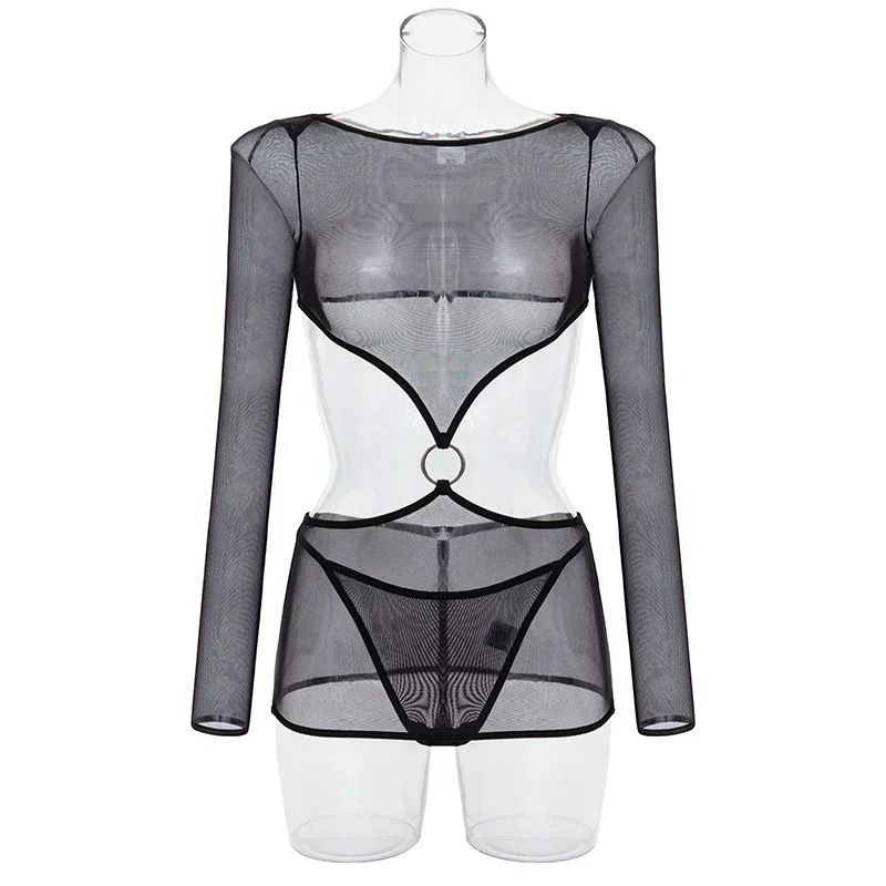 Sexy Transparent Dress Nightclub Tight Lingerie Women\'s Sheer Mesh See-through Long Sleeve Dresses Crop Tops Clubwear Mini Dress