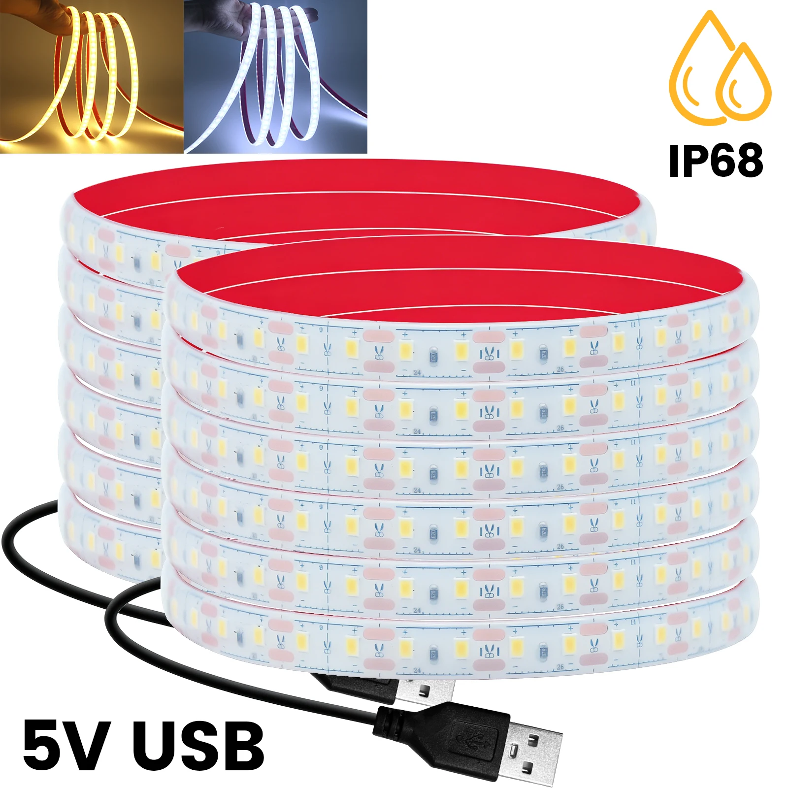 DC 5V LED Strip Light IP68 Waterproof Ribbon Tape SMD2835 120Leds/m White Warm White Flexible LED Lights Room Decor USB Lamp
