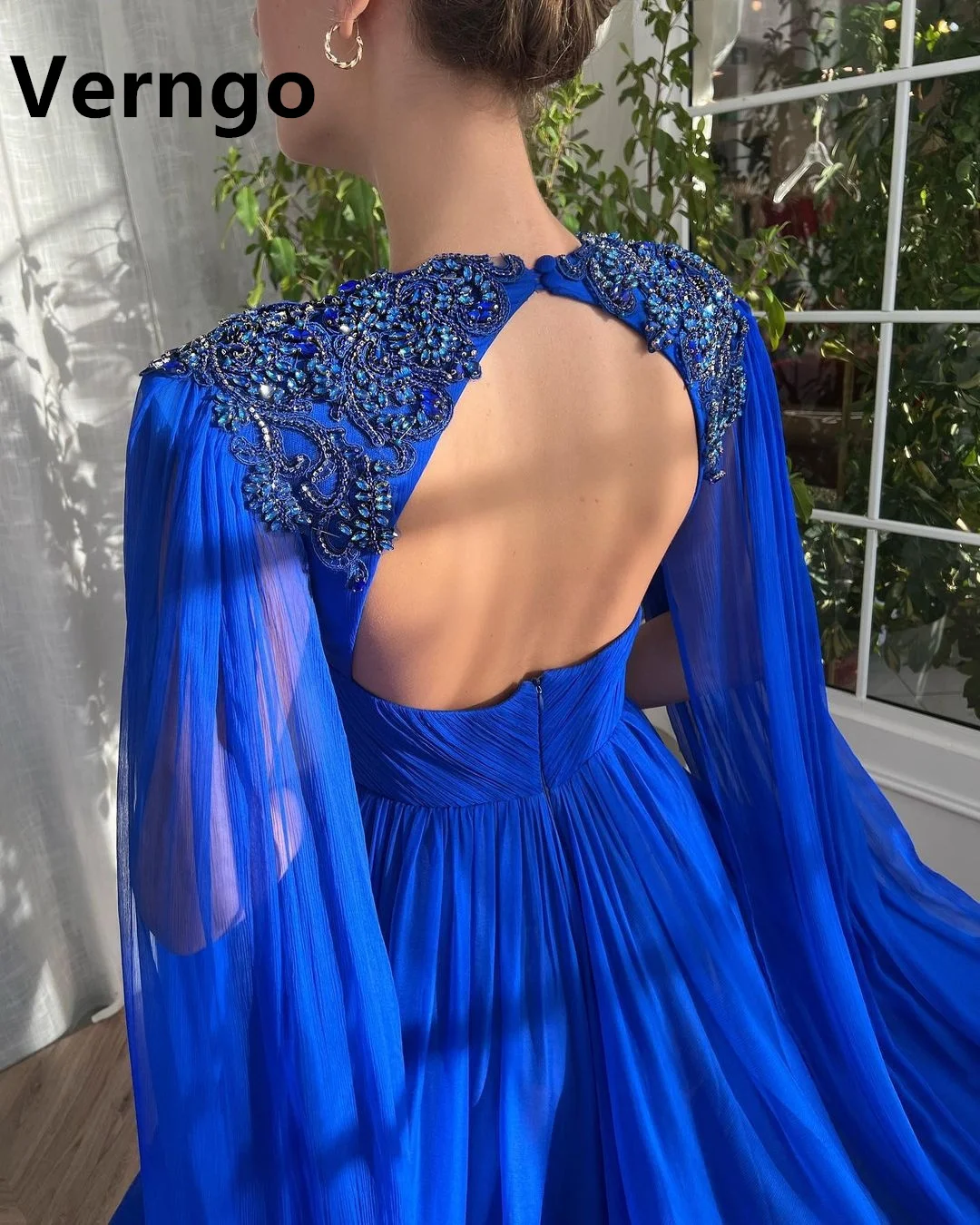 Verngo Royal Blue Applique Crystal Long Party Dresses Chiffon V Neck Backless Formal Dress Side Slit Wedding Party Dresses