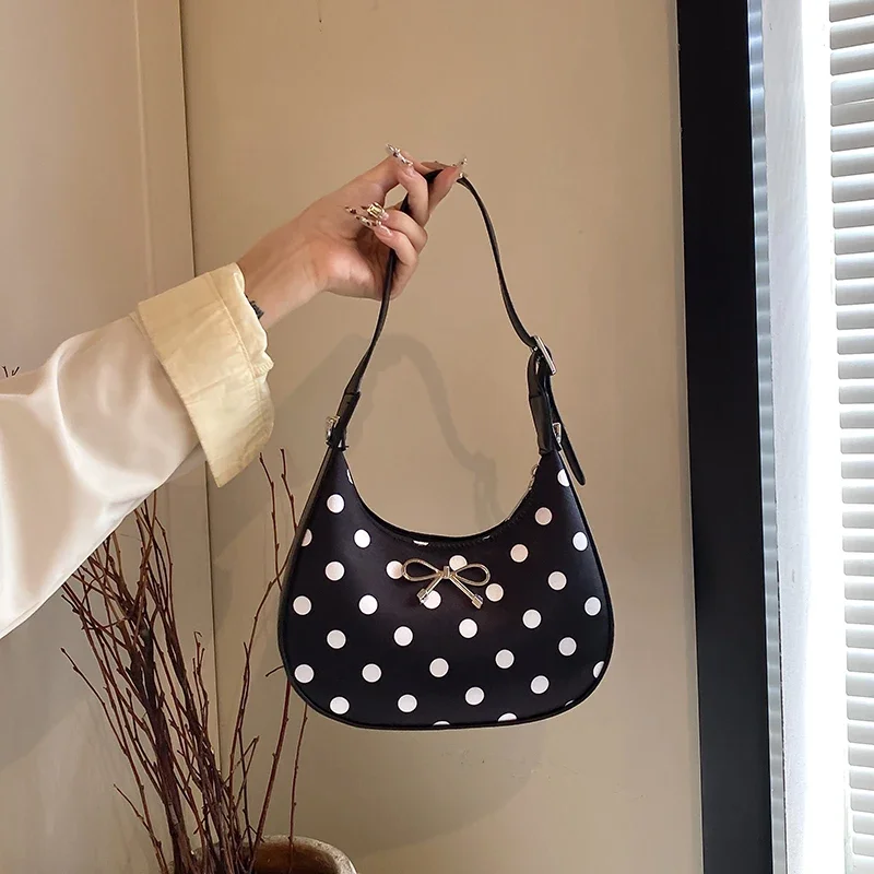 

Polka Dots Half Moon Bags New Bow Temperament 2024 High Quality Bags for Women Fashion Zipper Interior Compartment Shoulder Bags
