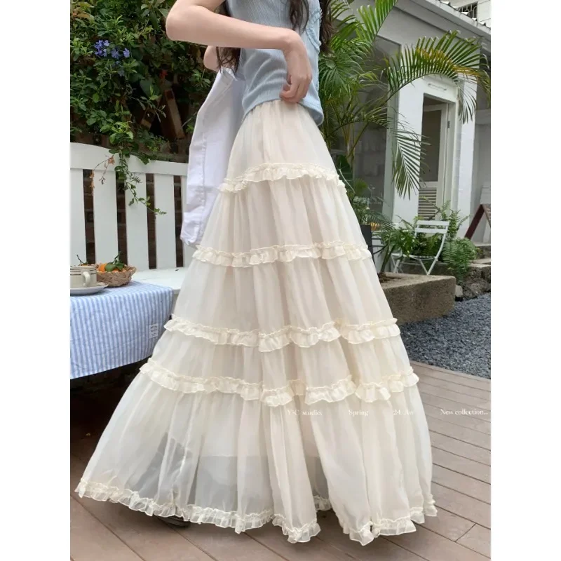 Korean Solid Color Loose Casual Mesh A-line Skirt Women 2024 Summer New High Waist Fashion All Match Pleated Mid-length Skirt