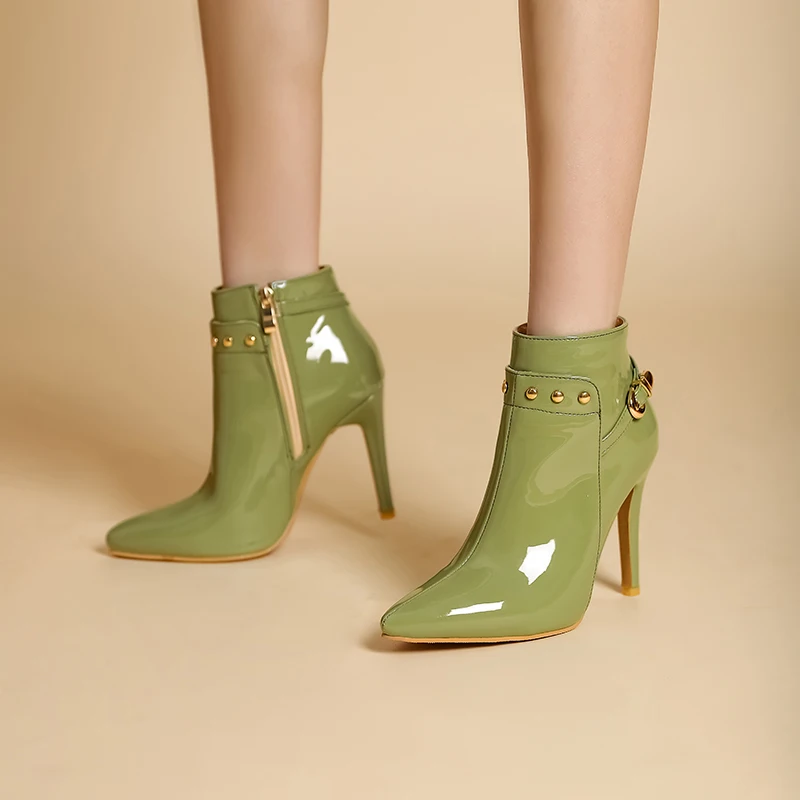 Oversized Dark Green Metal Rivets Decorated Women's Ankle Boots Patent Leather Belt Buckle Super Stiletto Pointed Toe Shoes