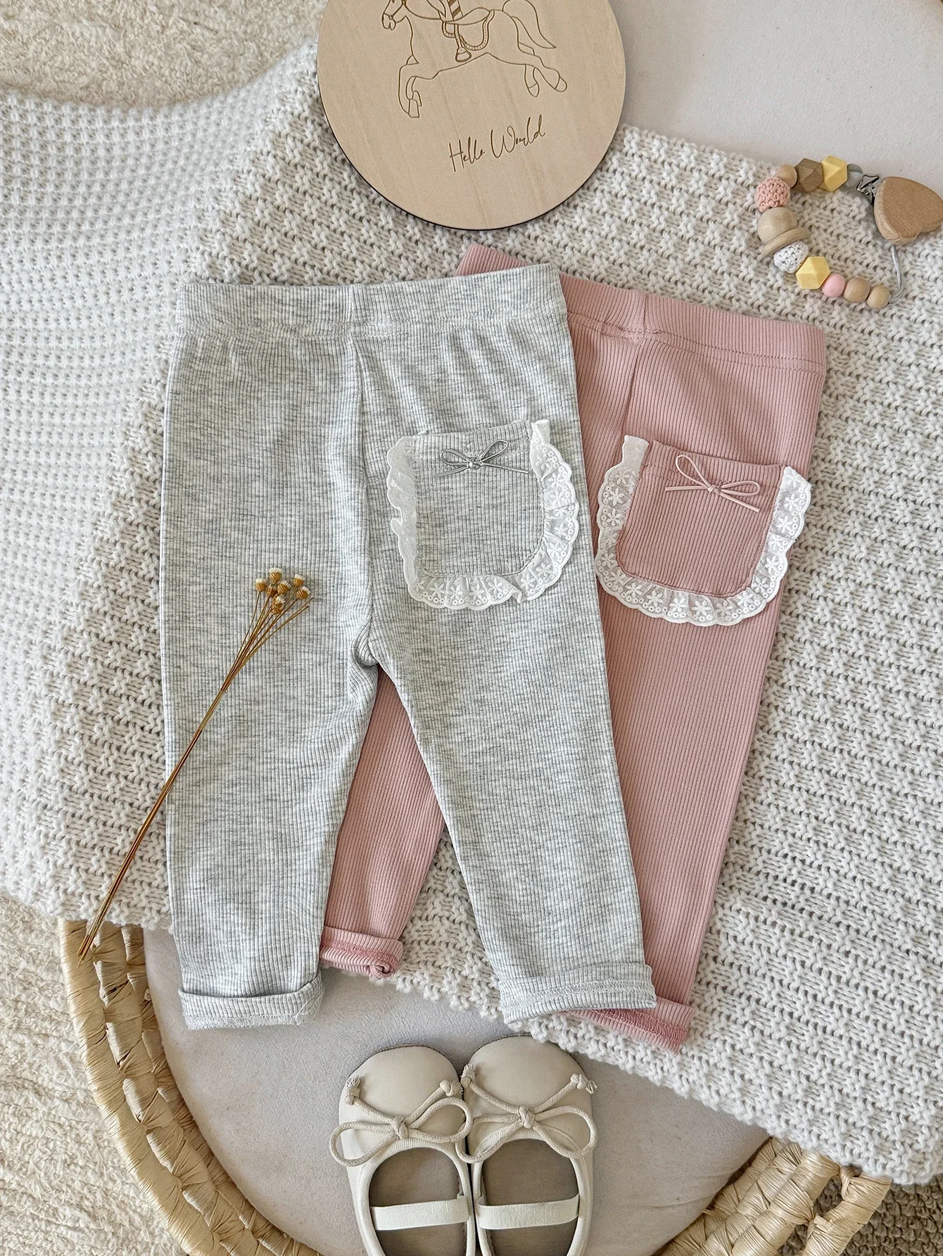 Spring Baby Sweet Style Ribbed Pants Girls Lace Trim Pocket Bow Elastic Waist Stretchy Casual Leggings Trousers