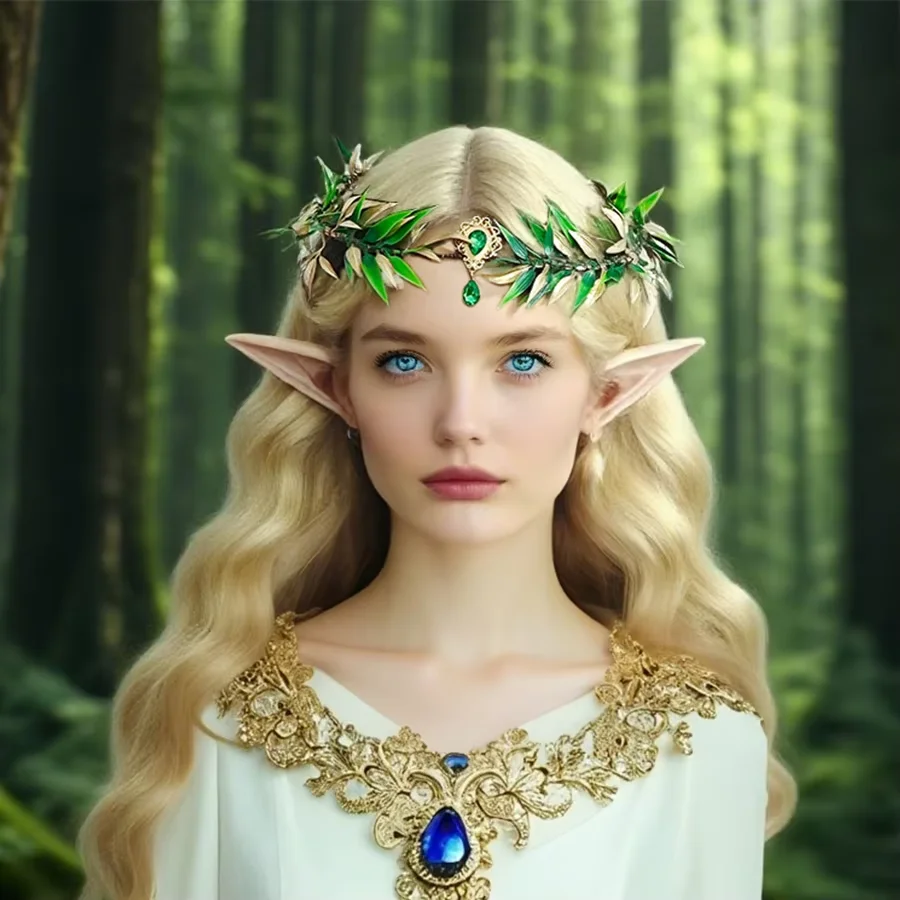 Baroque retro forest style eyebrow center pendant green headband headpiece headband elf three piece souvenir elf ear cos