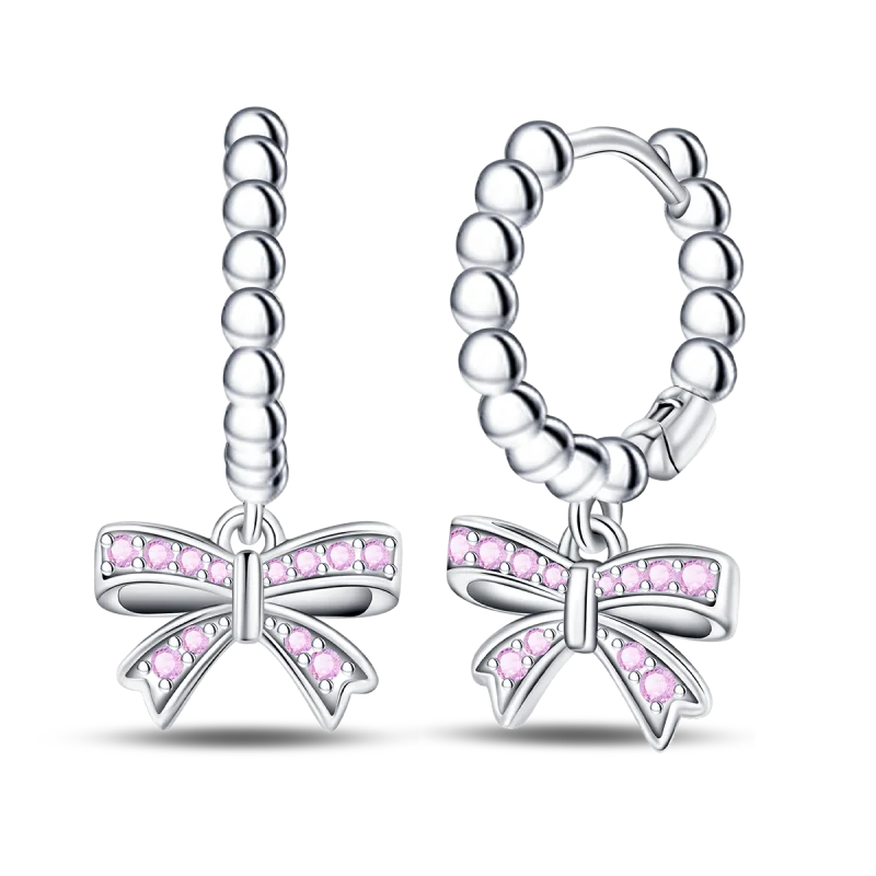 Fashion Charm 925 Sterling Silver Sparkling Pink Bow Row Hoop Earrings Fit Original Hoop Fine Jewelry Birthday Gifts  for Girls