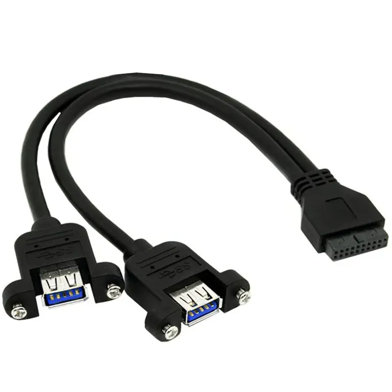 1/2 Black USB 3.0 Motherboard 20Pin To Dual Port Female Head With Screw USB 3.0 Adapter Cable 20 Pin