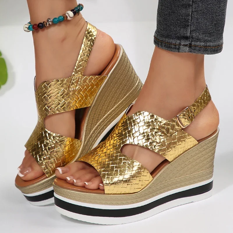 

Gold Silver Wedge Heels Sandals for Women Summer Chunky Platform Gladiator Shoes Woman Fashion Thick Bottom Back Strap Sandalias