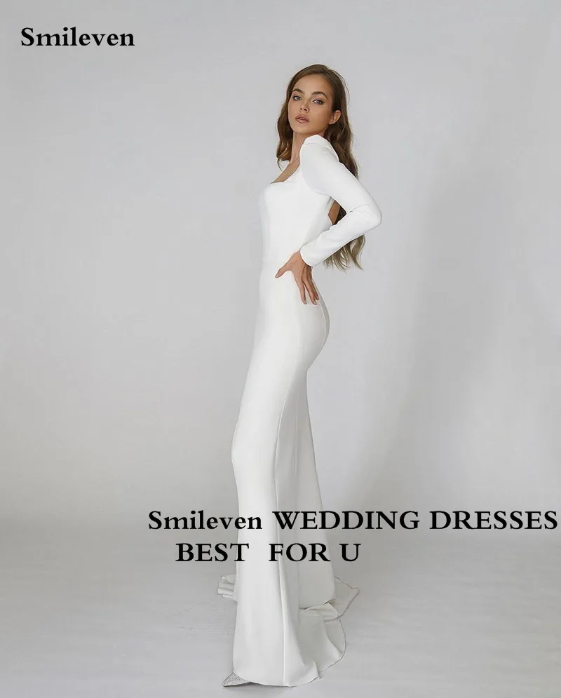 Smileven Soft Satin Mermaid Trouwjurken Lange Mouwen Vierkante Hals Strand Bruid Jurken Sexy Open Back Boho Bruidsjurken 2022