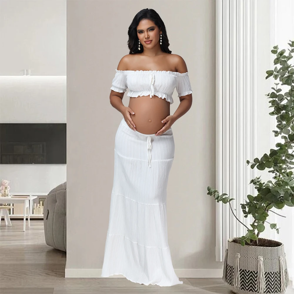 Maternity Photography Dress Sets 2Pc Sexy Ruffles Short Sleeves Tube Top T-shirt and Skirt Outfit for Photoshoot Baby Shower