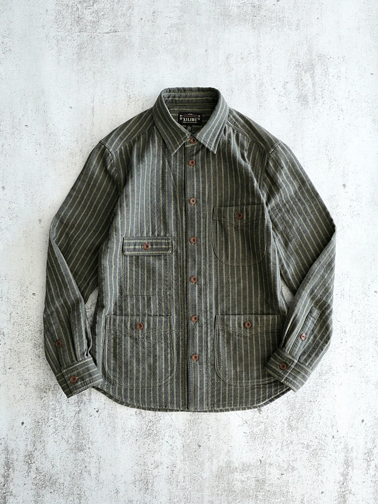 

Amekaji, одежда для мужчин, винтажные полосатые рабочие брюки с несколькими карманами, рубашка, пальто, хлопковая Повседневная рубашка с длинным рукавом, хорошее качество