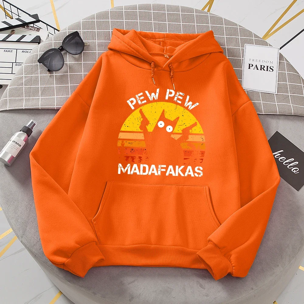 Women Casual All Match Hoody Fleece Warm New Pullovers Harajuku Trend Hooded Pew Pew Madafakas Cat With Two Guns Hoodies