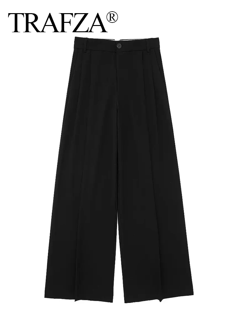 TRAFZA 2024 Women\'s Casual Solid Wide Leg Pants Female Vintage Summer High Waist Pleated Loose Buttons Long Lady Trousers