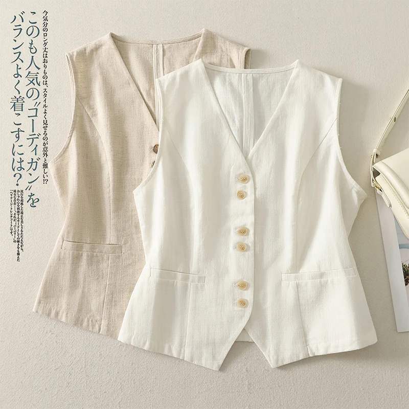 

Women's Thin Cotton Linen Vest Summer New Sle ort Button Pure Color Jaet Lightweight Comfortable Breathable Top