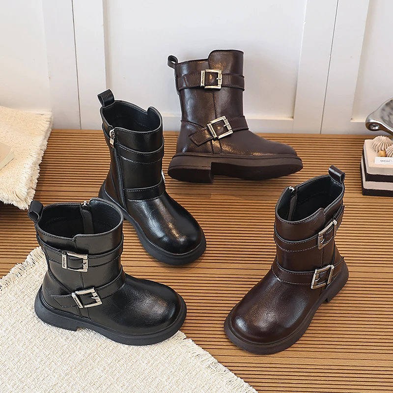 Girls Fashion Motorcycle Mid‑Calf Boots, Double Metal Buckle Decor Kids Retro Knight Boots, Children Autumn Winter Boots