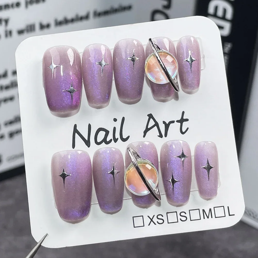 Handmade Short Press on Nails Korean Purple Fairy Kawaii Flower Design Reusable Adhesive False Nails Cute Full Cover Nail Tips