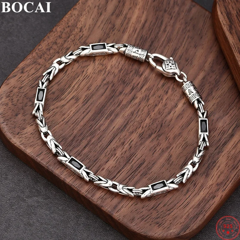 

BOCAI S925 браслеты из стерлингового серебра для женщин и мужчин в стиле ретро с узором мира, инкрустированный цирконом, бамбуковая цепочка, браслет, ювелирные изделия, оптовая продажа