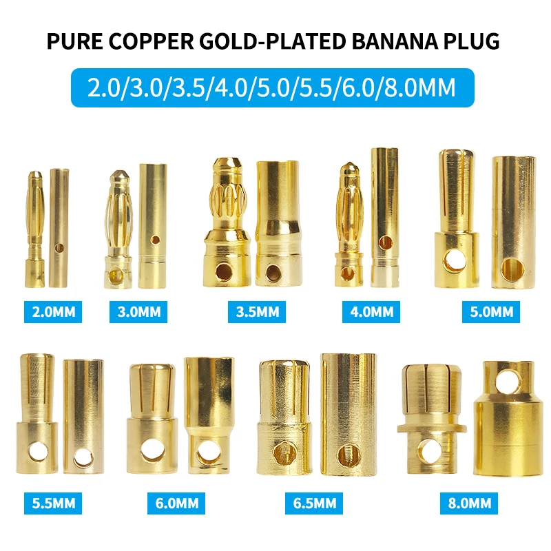 40 Stück 2/3/3,5/4/5/5,5/6/6,5/8 mm Flugzeugmodell Bananenstecker aus reinem Kupfer, vergoldetes Kupfer, bürstenloser Motor, Rundstecker
