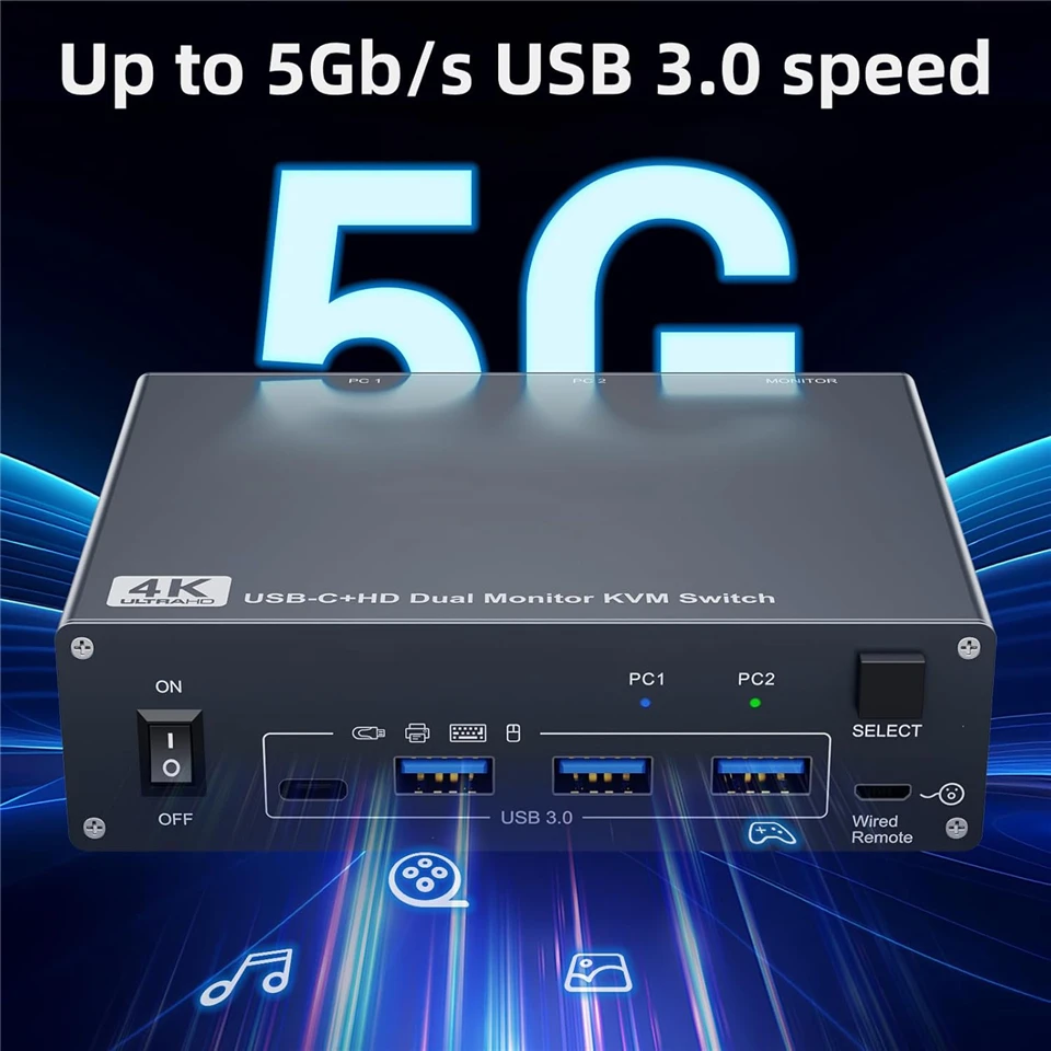 Navceker USB 3.0 USB-C HDMI KVM 스위치 4K 60Hz 듀얼 모니터 유형 C KVM 스위치 1 노트북 1 컴퓨터 2 Macbook 2 PC 용 모니터