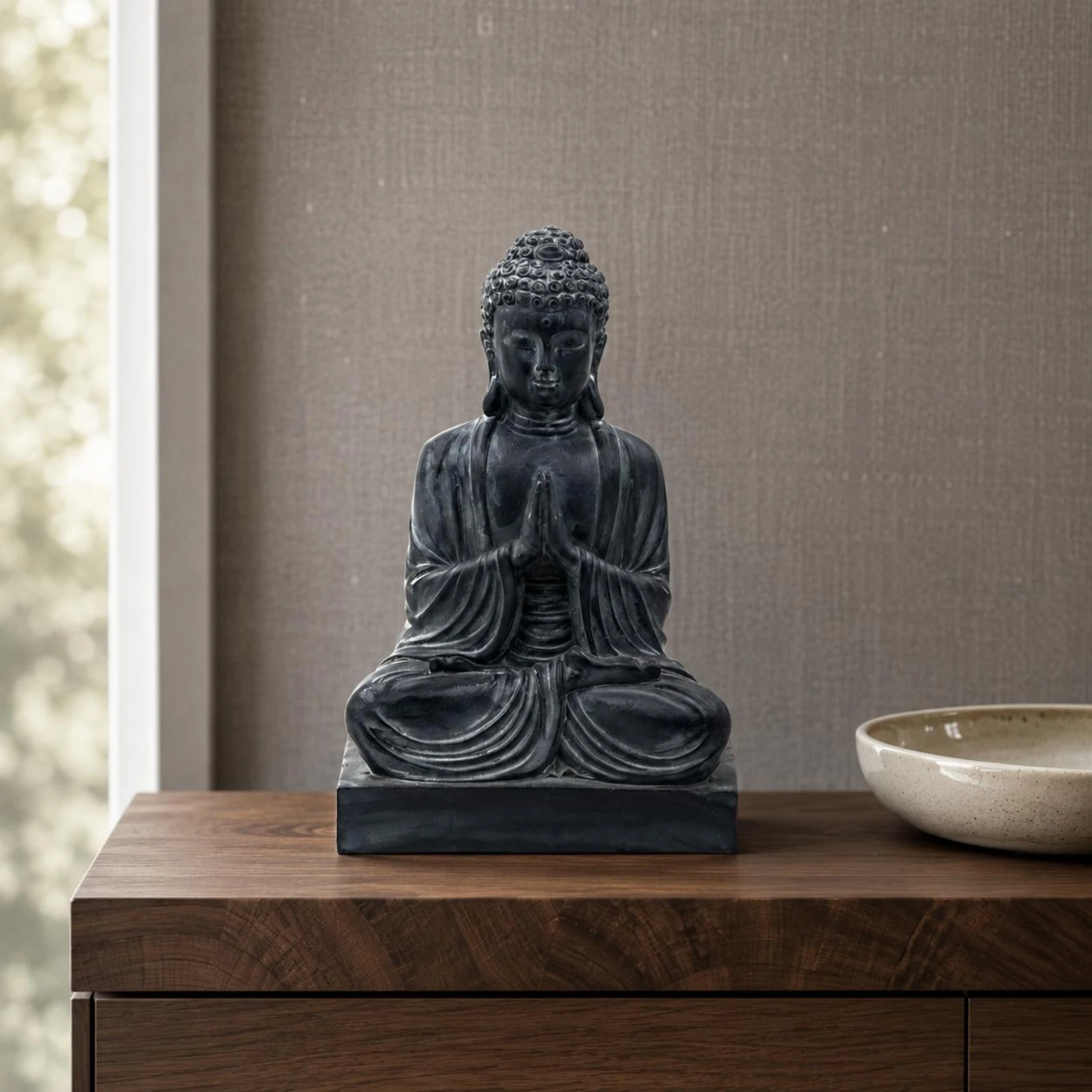 Seated Buddha Figurine Dark Black-Gray Meditation Buddha Figurine Decor Long-Lasting Handmade for Garden
