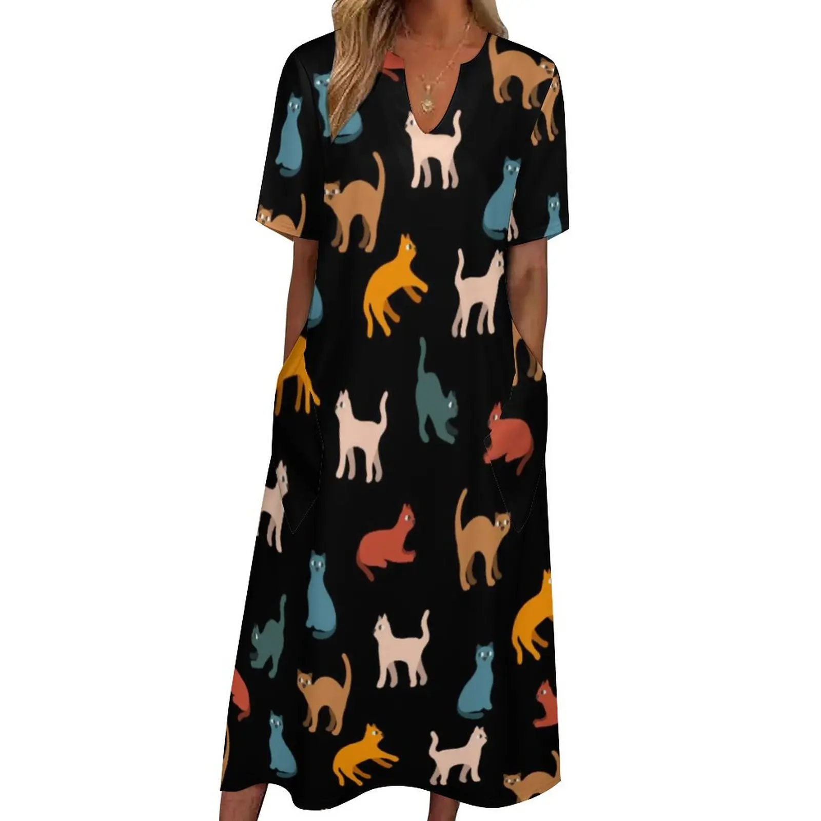 

Black Cat Print Dress Summer Colorful Print Aesthetic Casual Long Dresses Woman Beach Maxi Dress Birthday Present