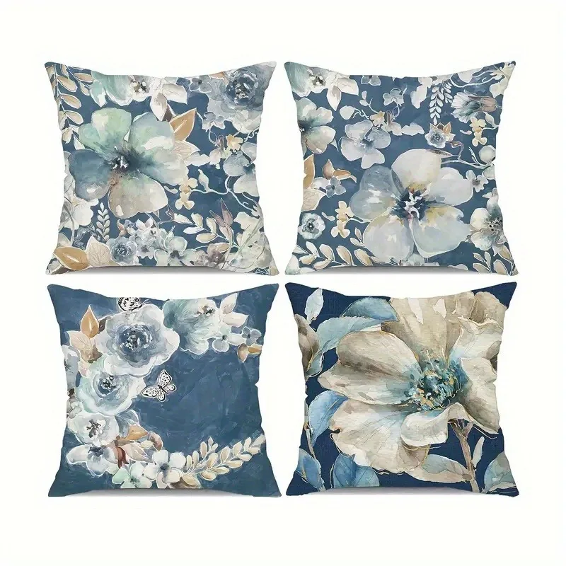 

Navy Blue Watercolor Floral Pillowcase: Elegant Botanical-Themed Cushion Cover for Home Sofa Decor