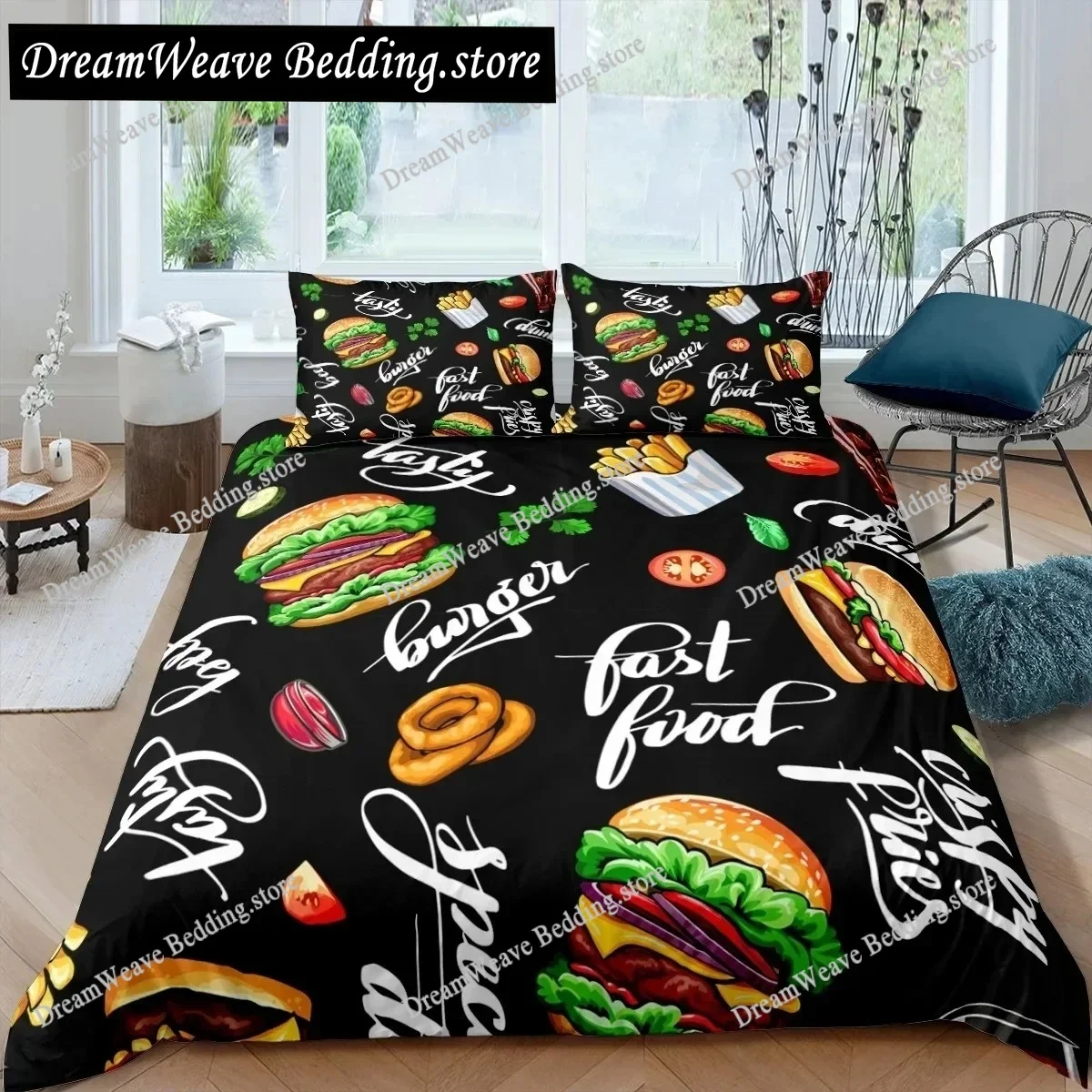 

3D American Fast Food Duvet Cover Set Full Size Pizza Hotdog Comforter Cover Hamburger Bedding Set French Fries Quilt Cover
