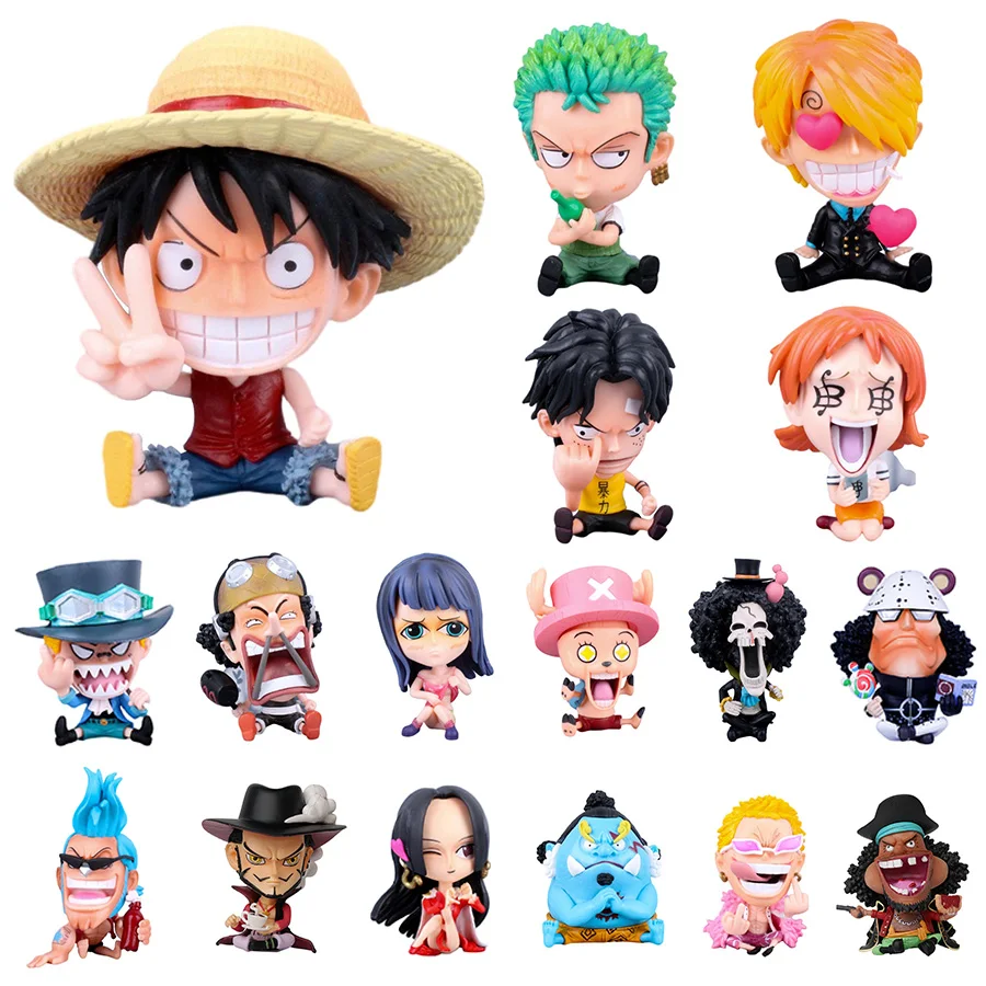 14 Styles Anime One Piece Zoro Luffy Sanji Sitting Figure Toys Robin Nami Brook Chopper 8.5CM PVC Q Version Car Decoration Model