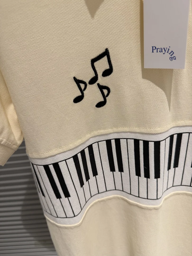 2026 Top Version Praying Piano Notes Embroidery Women Men Turn Down Collar T shirt Men Casual Cotton T shirt Summer Tees