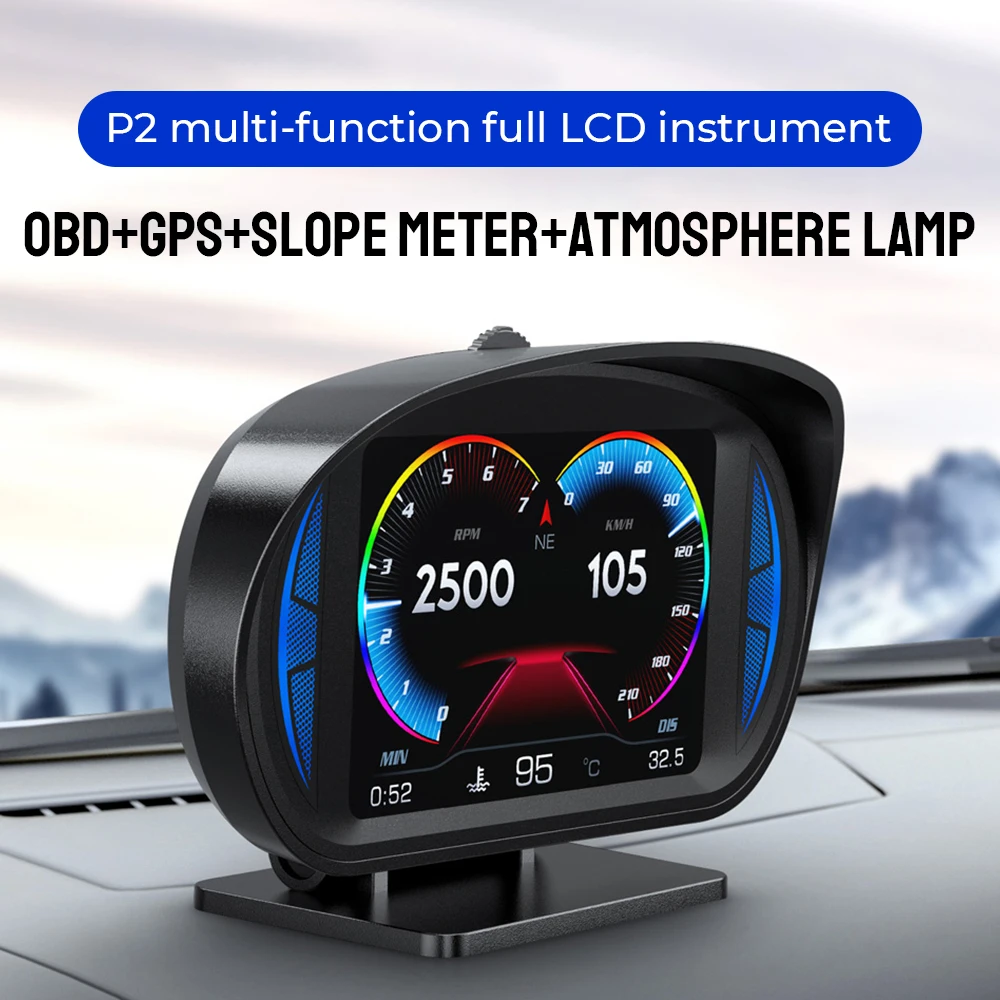 

Slope Tilt Meter Security Alarm P2 Dual System HUD OBD2 GPS Speedometer Overspeed Alarm Turbo Brake Test Car Head Up Display