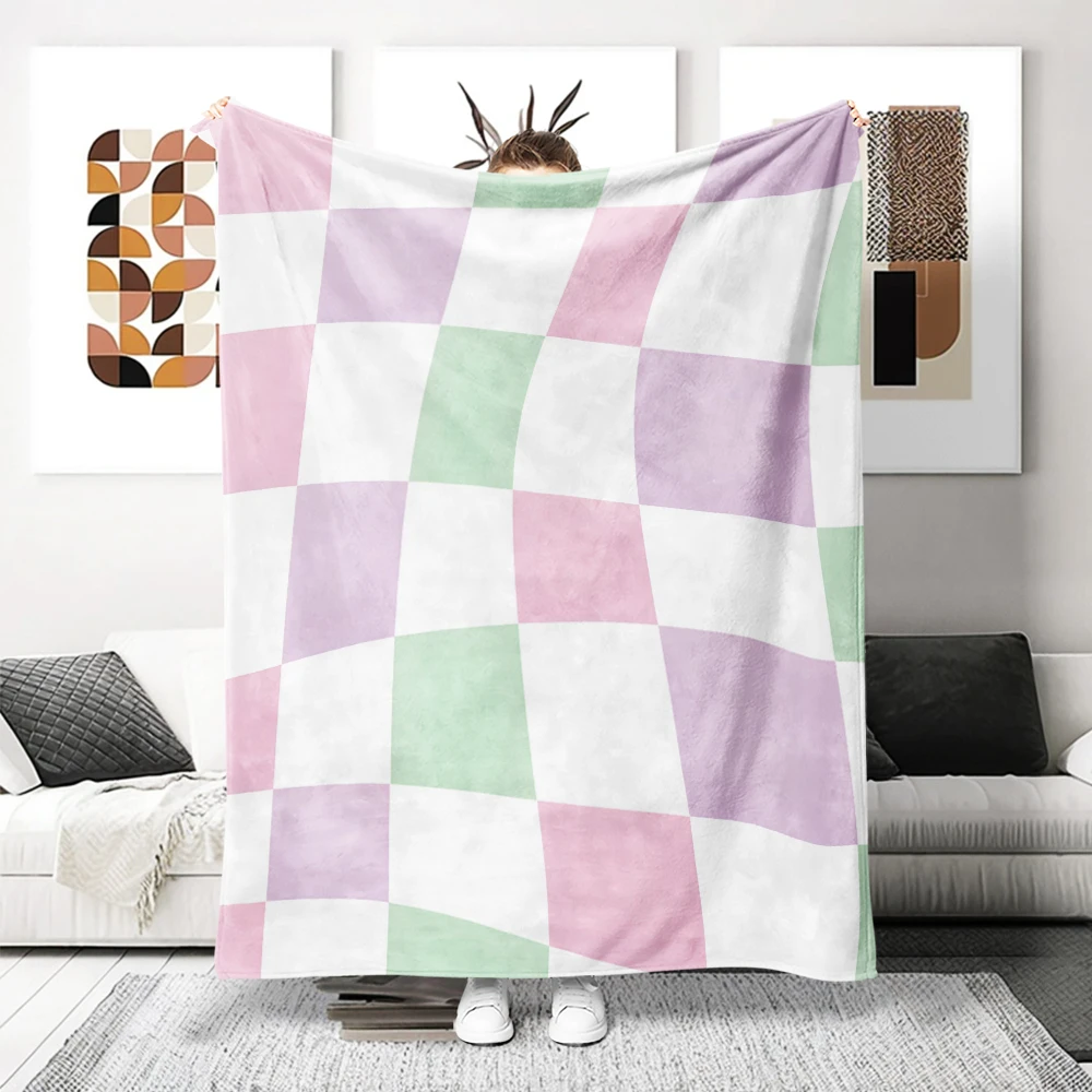 Pastel Warped Checkerboard Flannel Blanket Perfect For Sofa Office Bed Travel Sleep Read Relax Camping Four Season Use