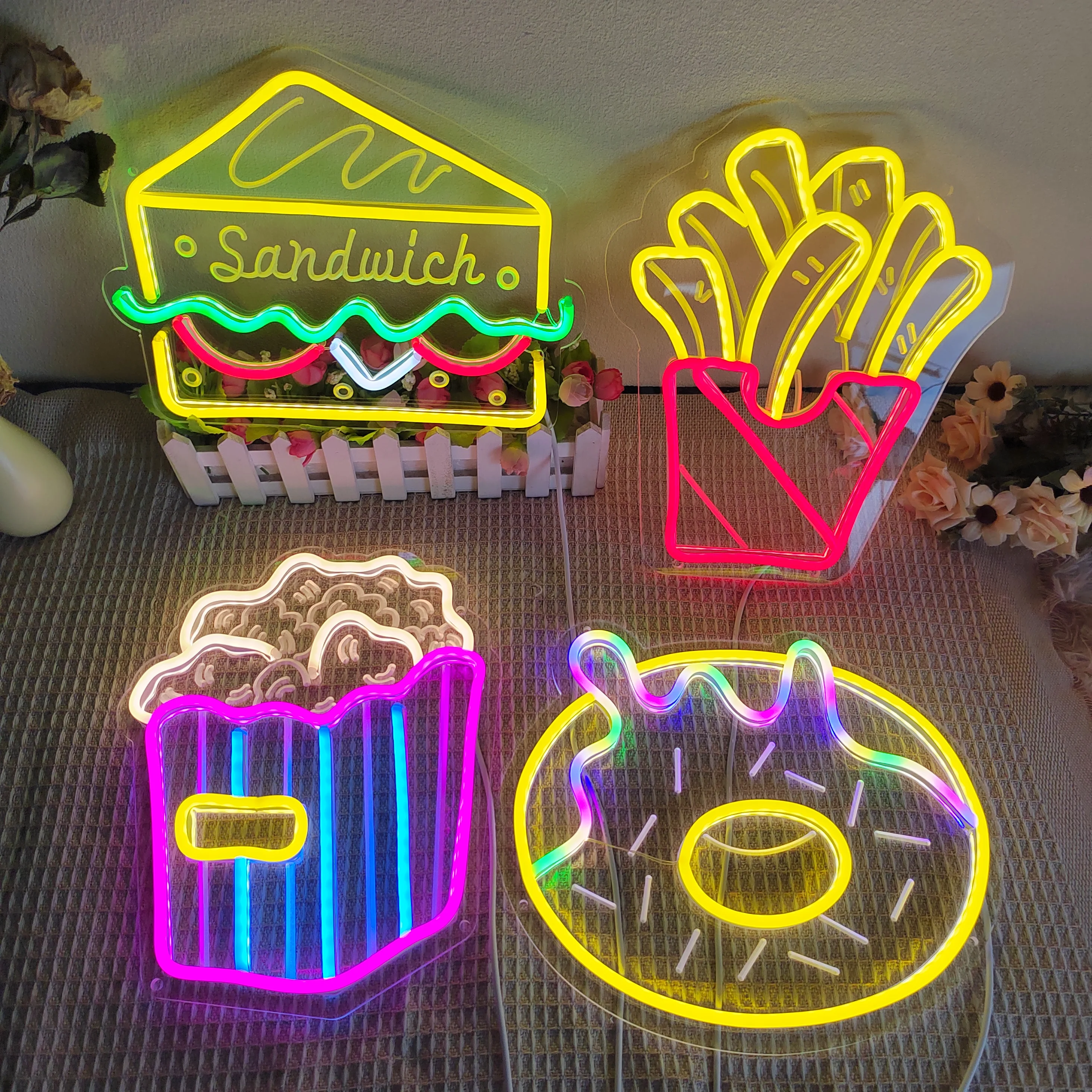 Pasta Sandwich Neon Light  Donut  Fast Food Wall Neon Signs for Shop Restaurant Advertising Home Bar Beer Window Decoration