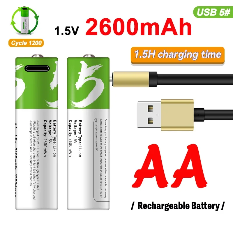 1.5V 2600mAh akumulator AA bateria litowa obsługuje bezpośrednie ładowanie baterii TYPE-C Pilas resargables AA USB