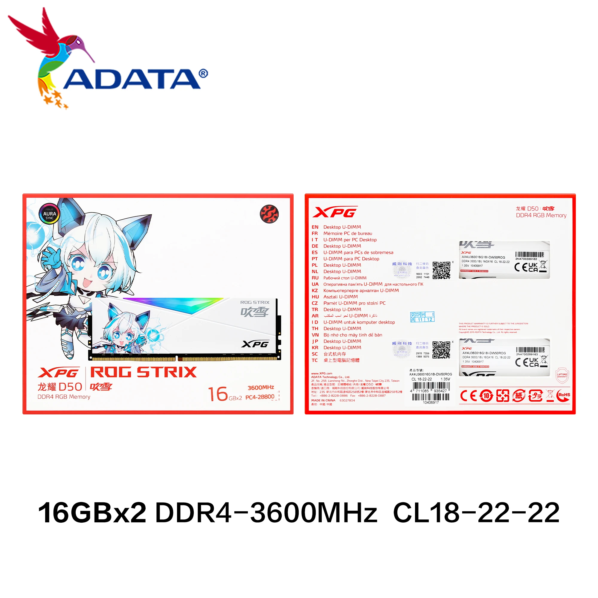 ADATA XPG RAM DDR4 ROG STRIX D50, Memoria Original con disipador de calor, 3600MHz, 8GB, 16GB, 2 piezas, RGB, alta velocidad, para escritorio