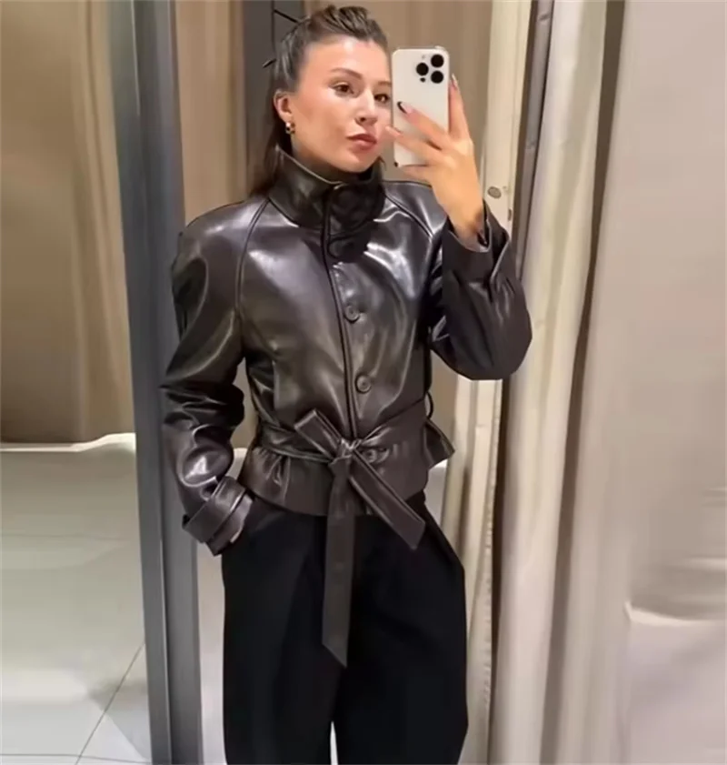 Guobioziy 2026 Women's Jacket Autumn New Deep Brown Long-Sleeve Faux Leather Belt Biker Jacket Parka Trendy and Stylish