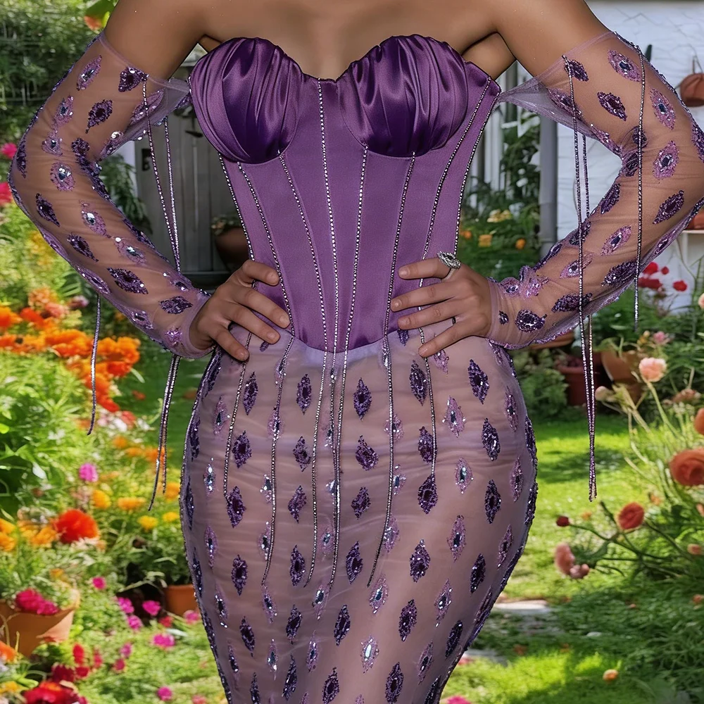 

Modern Sweetheart Purple Detachable Sleeve Mermaid Formal Evening Dresses Birthday Party Prom Gowns Customized