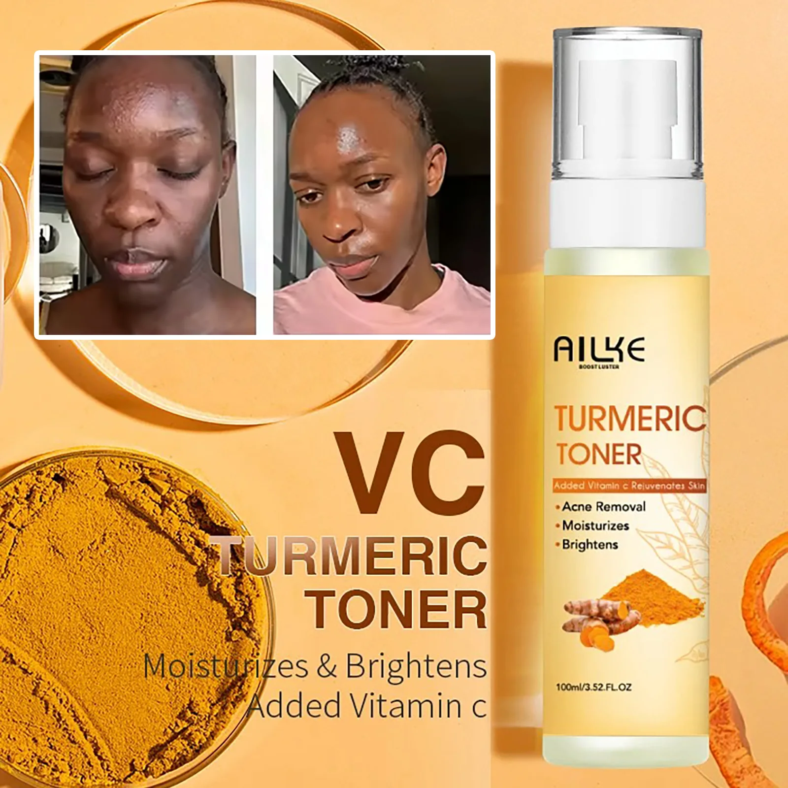 AILKE Turmeric Skin Care, Brightening, Anti Spot, Cleansing, Reduce Acne, With Body Scrub, Lotion, Face Cream, Soap, Toner