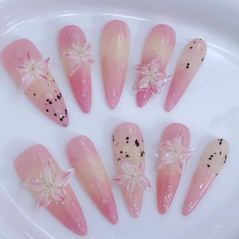 Summer Frozen Lilies Press On Nails Handmade 3D Embossed Pink Yellow Pistils Water Bead Smudge Fake Nails