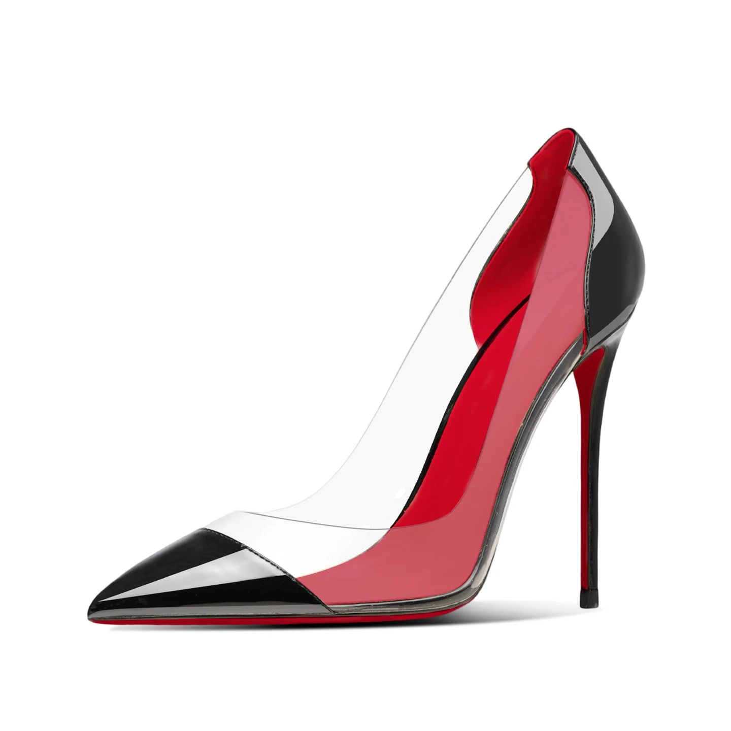 New pointed 12cm stiletto heels, red sole high heels with PVC stitching, 13cm large-size party sexy transparent single shoes