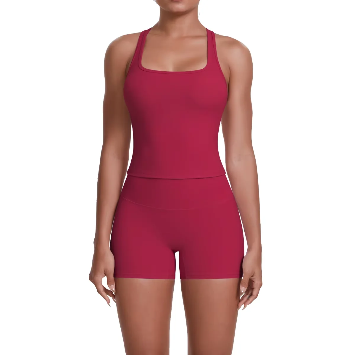 

Женские быстросохнущие майки-борцовки с шортами, комплект с квадратным вырезом, дышащий легкий однотонный узор спереди для йоги, бега, фитнеса