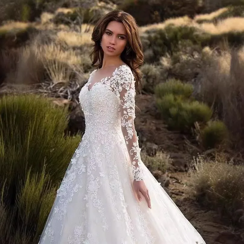 2025 New Women's Long Sleeve Pure Color Lace Wedding Dress Transparent Bridal Gown Midi Length Polyester Fabric mid Waist