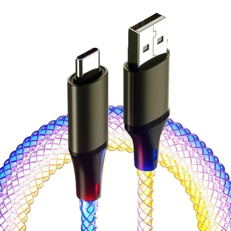1 pieza cable de carga rápida RGB con luz de respiración degradada 66W tipo C para iPhone 15 Xiaomi Samsung POCO PD 5