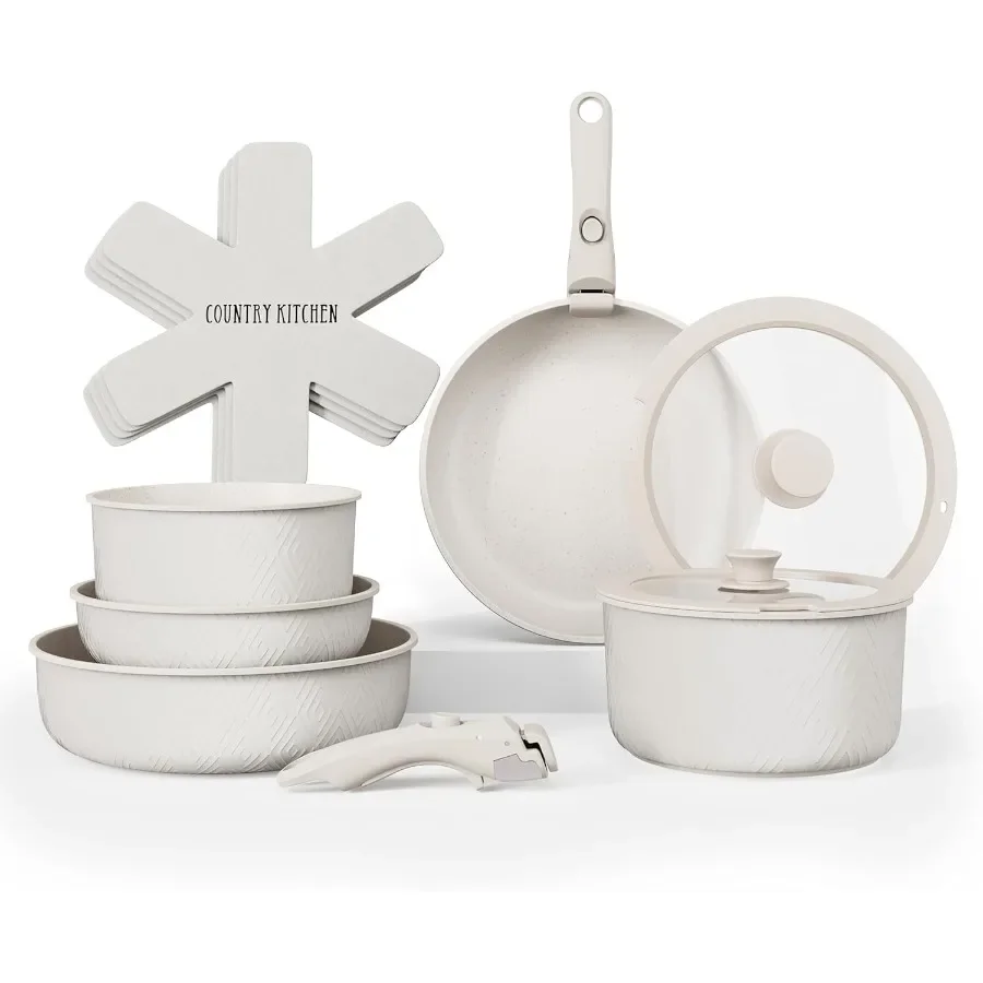 

Cream Rhombus Cookware Set with Removable Handles for Oven and RV Use Durable NonStick Pots and Pans for Home Kitchen and Outdo