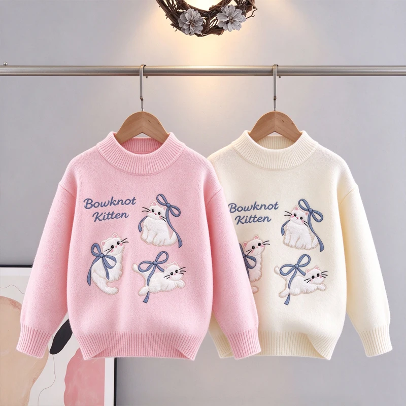 2026 Ribbed Knit Sweater for Teenage Girls Warmth Fuzzy Texture Children Pullovers Lovely Cartonn Cat Embroidery Clothes JY10171